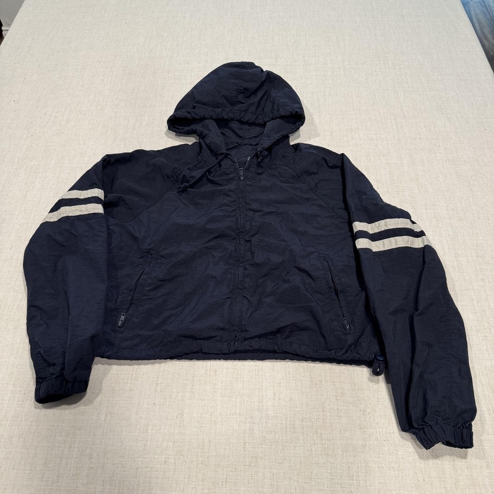 J. Galt Brandy Melville Jacket Small Blue Hooded Windbreaker Striped Zip Cropped